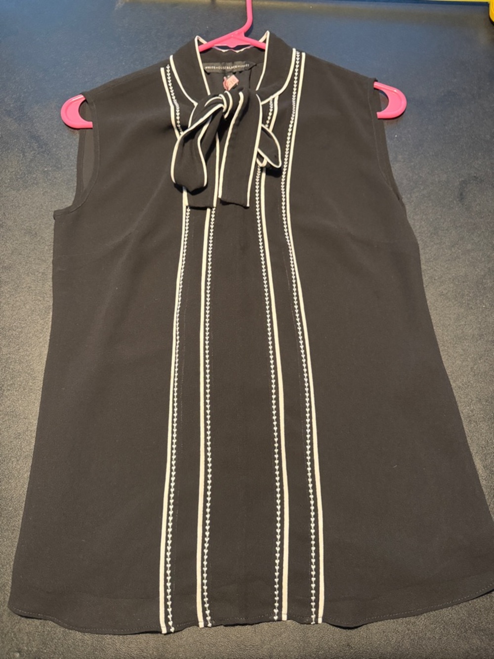 White House Black Market Black Sleeveless Tie-Neck Blouse with White Trim
